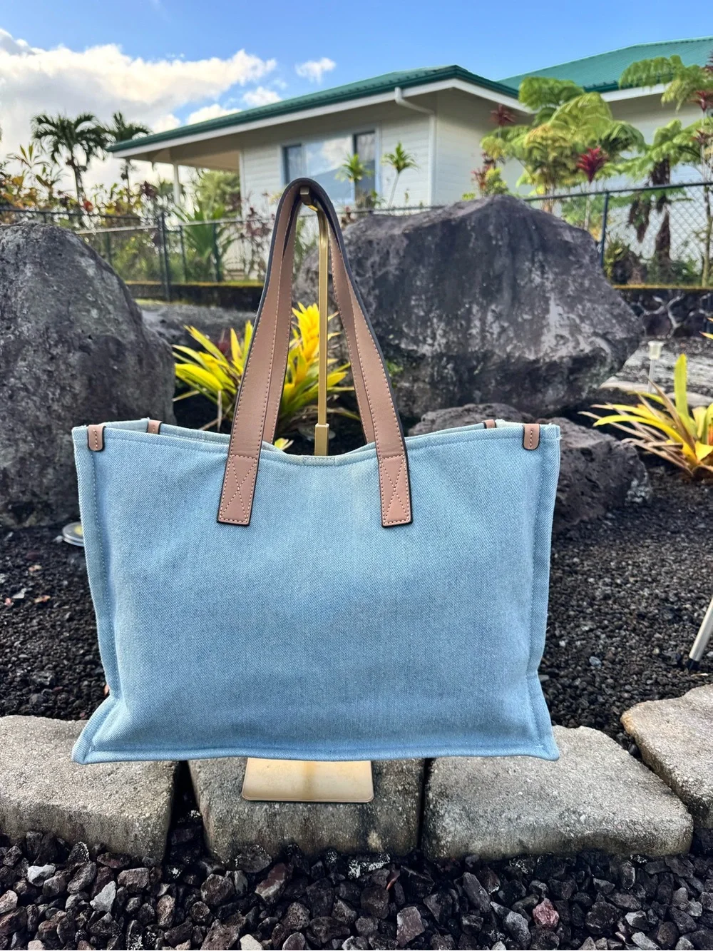 True Religion Light Wash Denim Tote Bag Large Horseshoe Shopper